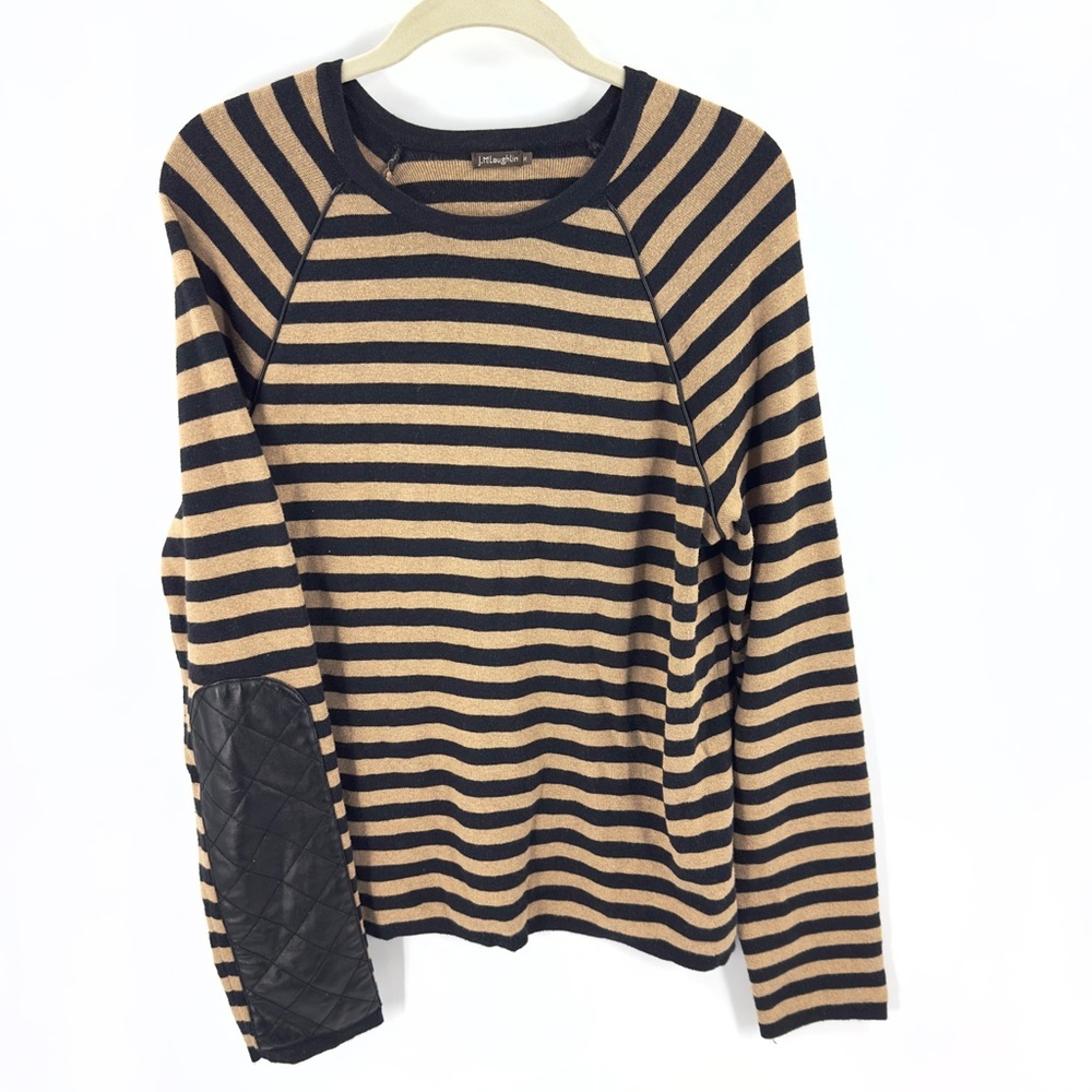 J Mclaughlin Sweater Womens Medium Vegan Leather Elbow Patch Luxury Preppy